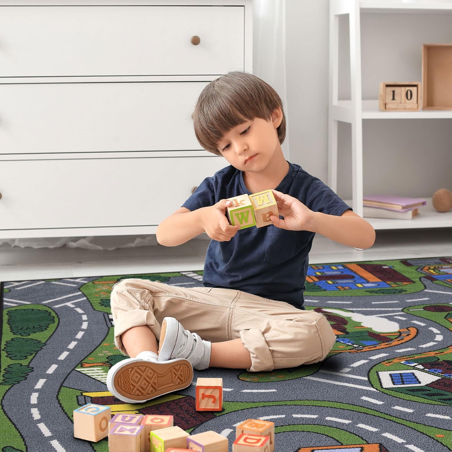Ottomanson 3'3" x 4'7" Kids Road Map Rug - Interactive City Traffic Play Mat for Toy Cars - Perfect for Playroom, Bedroom, Daycare & Classroom - Durable & Non-Slip for High-Traffic Areas, Multicolor