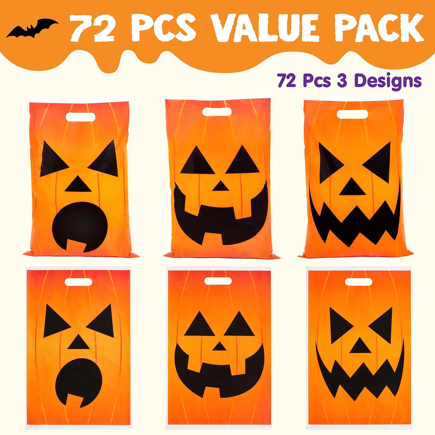 JOYIN 72 Pcs Halloween Goodie Bag, Pumpkin Plastic Candy Bags for Kids trick or treating, Halloween Jack o' Lantern Trick or Treat Bags for Snacks Party Favors, Treats Party Supplies