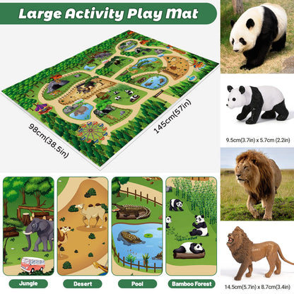 FRUSE Safari Animals Figures Toys with 145x98cm Jumbo Play Mat,12PCS Jungle Zoo Animals Playset with Lion,Elephant,Educational Learning Toys for Kids