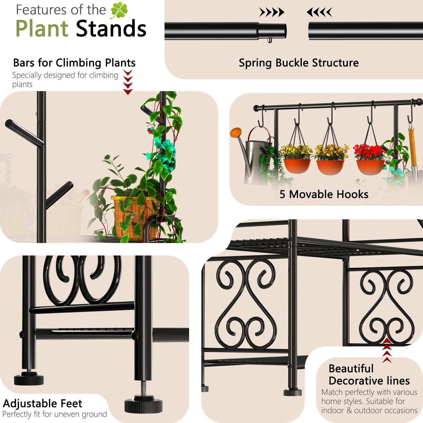 GIOTORENT Plant Stand Indoor, 3-Tier Heavy Duty Metal Shelf for Patio & Indoor, Tall Plant Holds 14+ Plants with 5 Hooks, Rust-Proof Plant Holder for Garden, Balcony, Living Room, Black