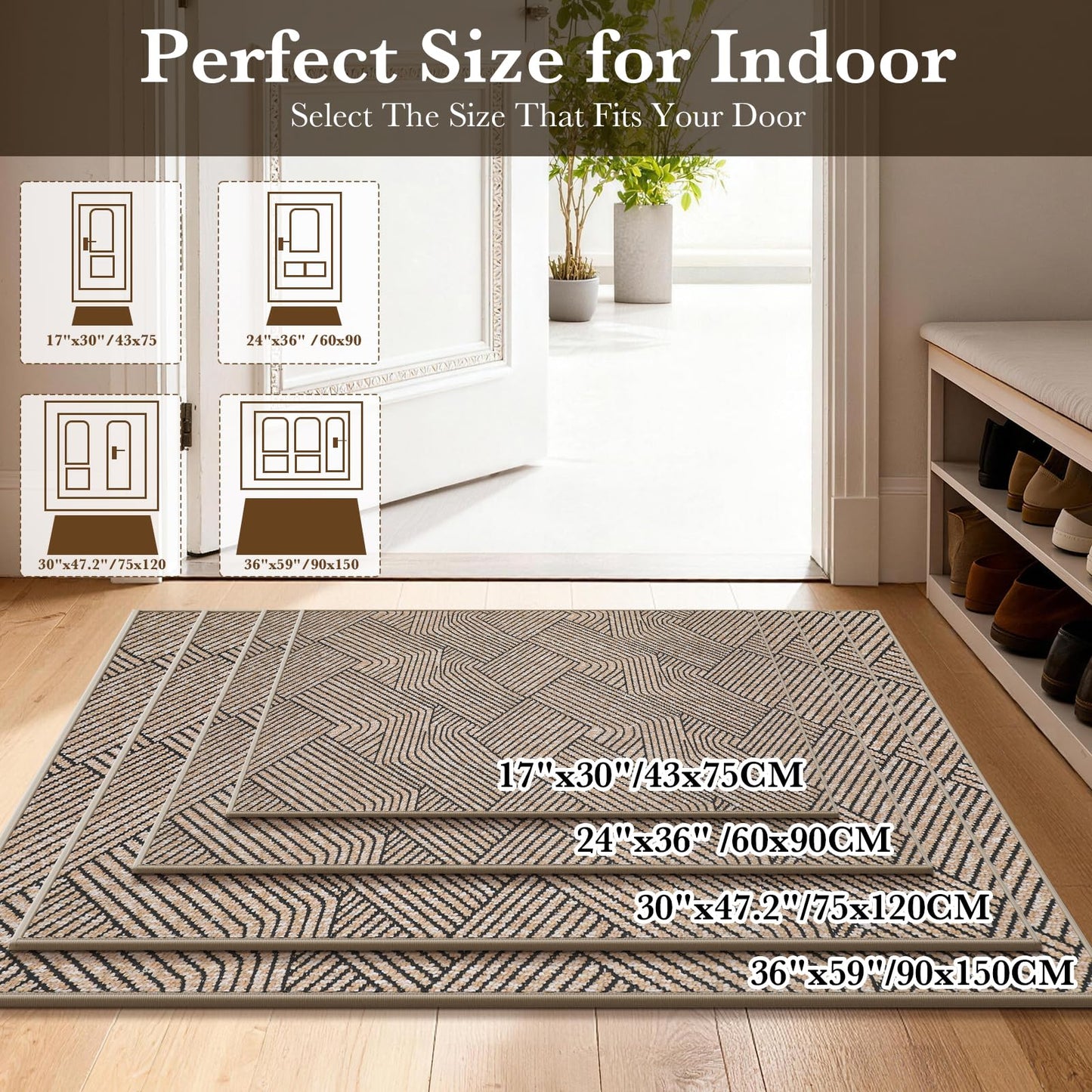 Naoloture Indoor Door Mat 17"x30", Low-Profile Thin Welcome Front Door Mat Indoor Entrance, Non Slip Rubber Backing Inside Doormat Washable Entryway Dirt Resistant & Absorbent Entry Mat, Light-Brown