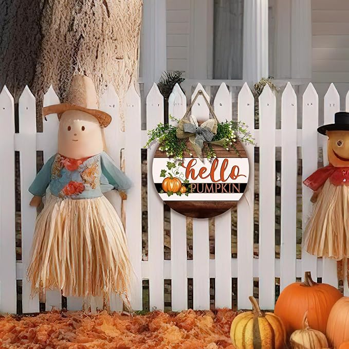 Hello Pumpkin Sign for Front Door Fall Rustic Harvest Hanging Sign With Bow and Wreath Thanksgiving Welcome Wood Sign Door Signs for Farmhouse Autumn Home Porch Wall Holiday 12 Inch