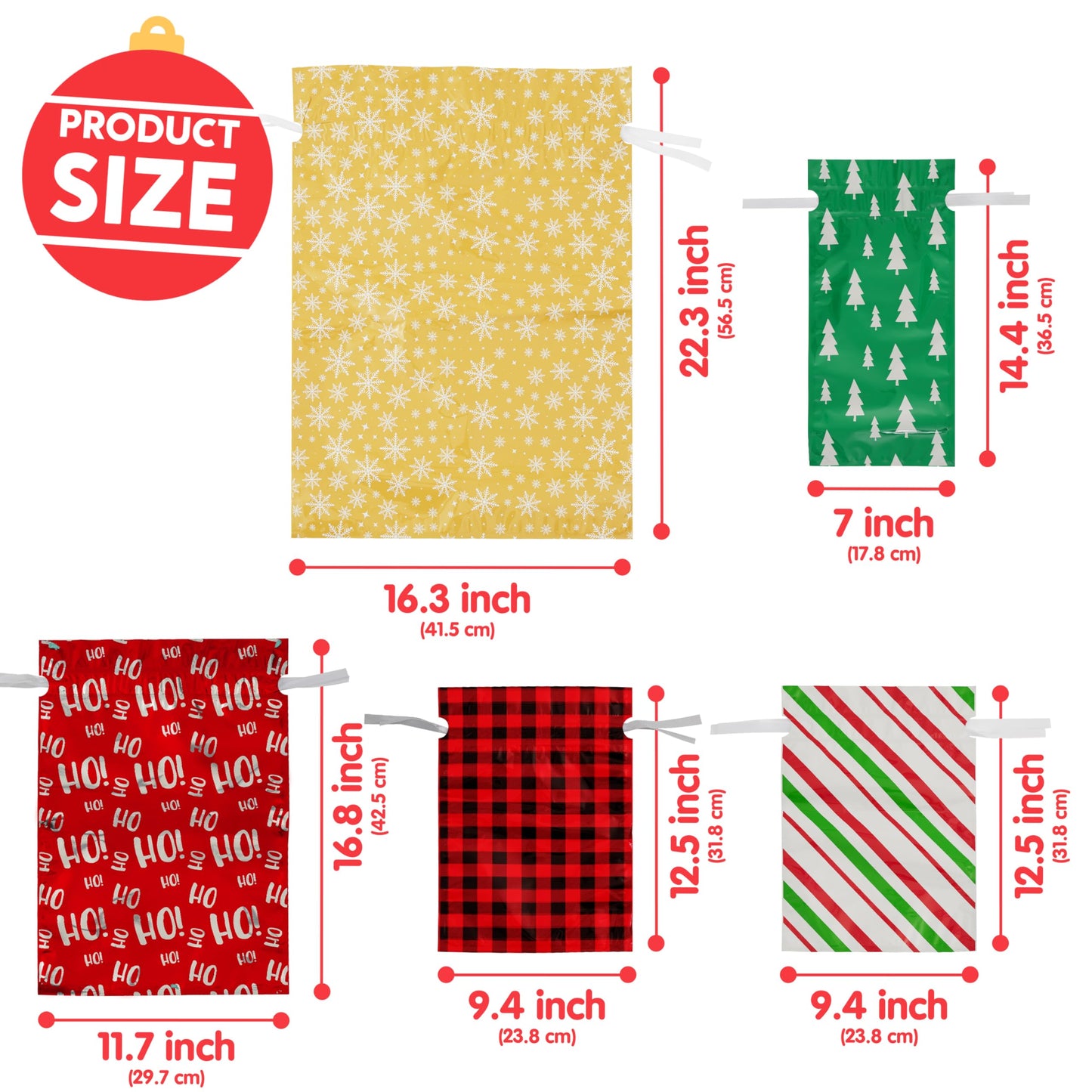 JOYIN 36 PCS Christmas Drawstrings Gift Bags Assorted Sizes(Large Medium Small), Xmas Reusable Plastic Bag for Presents Wrapping, Holiday Party Favors