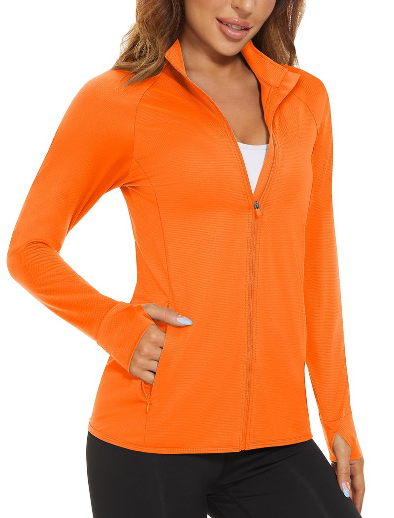 MAGCOMSEN Women's Long Sleeve Jackets Full Zip Lightweight UV Protection Hiking Shirts Athletic Jacket with Pockets Orange L