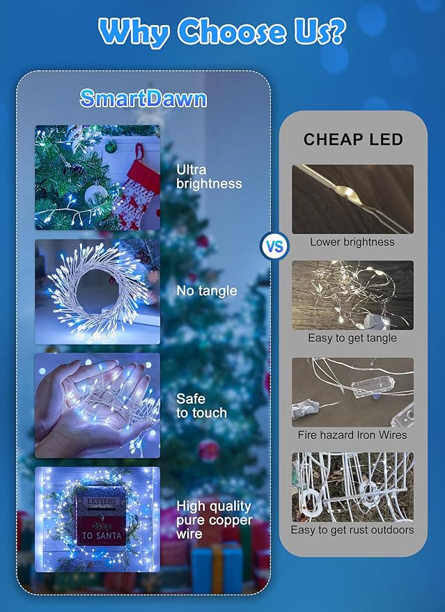 Indoor/Outdoor Waterproof Fairy Lights,200LED Copper Wire String Lights with Twinkle Mode, IP65 Rated for Garden, Patio, Party Decor (Blue White, Plug in)