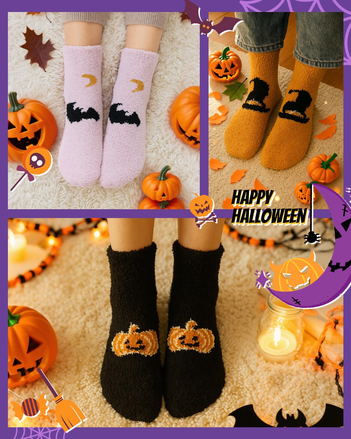 Century Star Plush Halloween Socks-Womens Anti Slip with Grip Soft Warm Cozy Socks 3 Pairs Halloween Pattern One Size