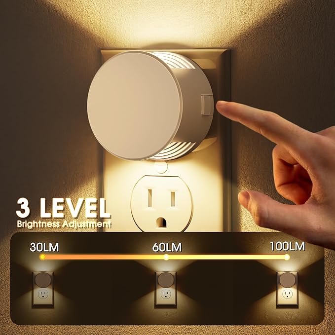 Night Lights Plug into Wall [2 Pack], White Night Light Dusk to Dawn Sensor Nightlight, Brightness Adjustable 3000K Soft White, Dimmable Plug in Night Light for Bedroom, Hallway, Stairs, Kitchen