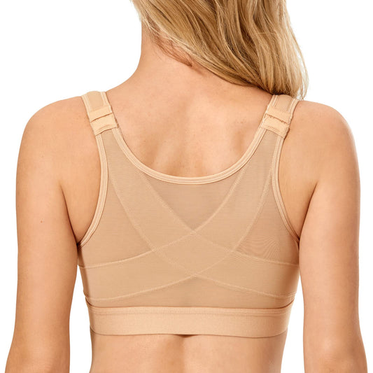 DELIMIRA Women's Front Closure Posture Wireless Back Support Full Coverage Bra Taupe Tan 36C