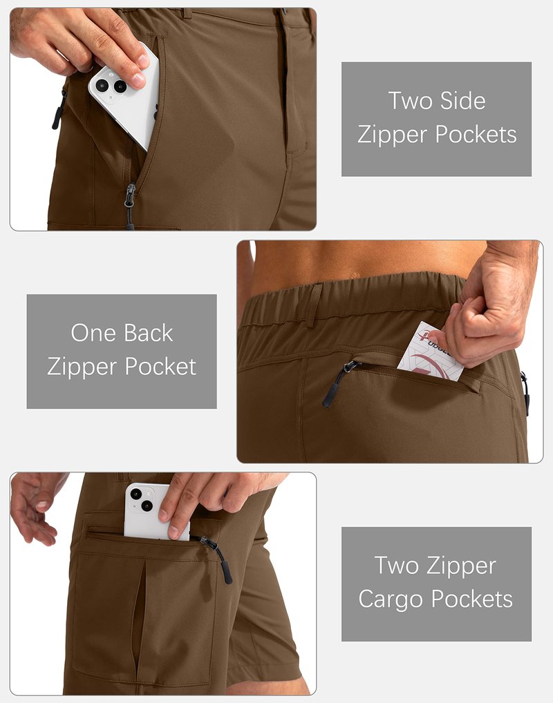 Pudolla Men's Hiking Cargo Shorts 9" Lightweight Outdoor Work Shorts for Men Travel Golf Camping Casual with 5 Zipper Pockets(Brown Large)