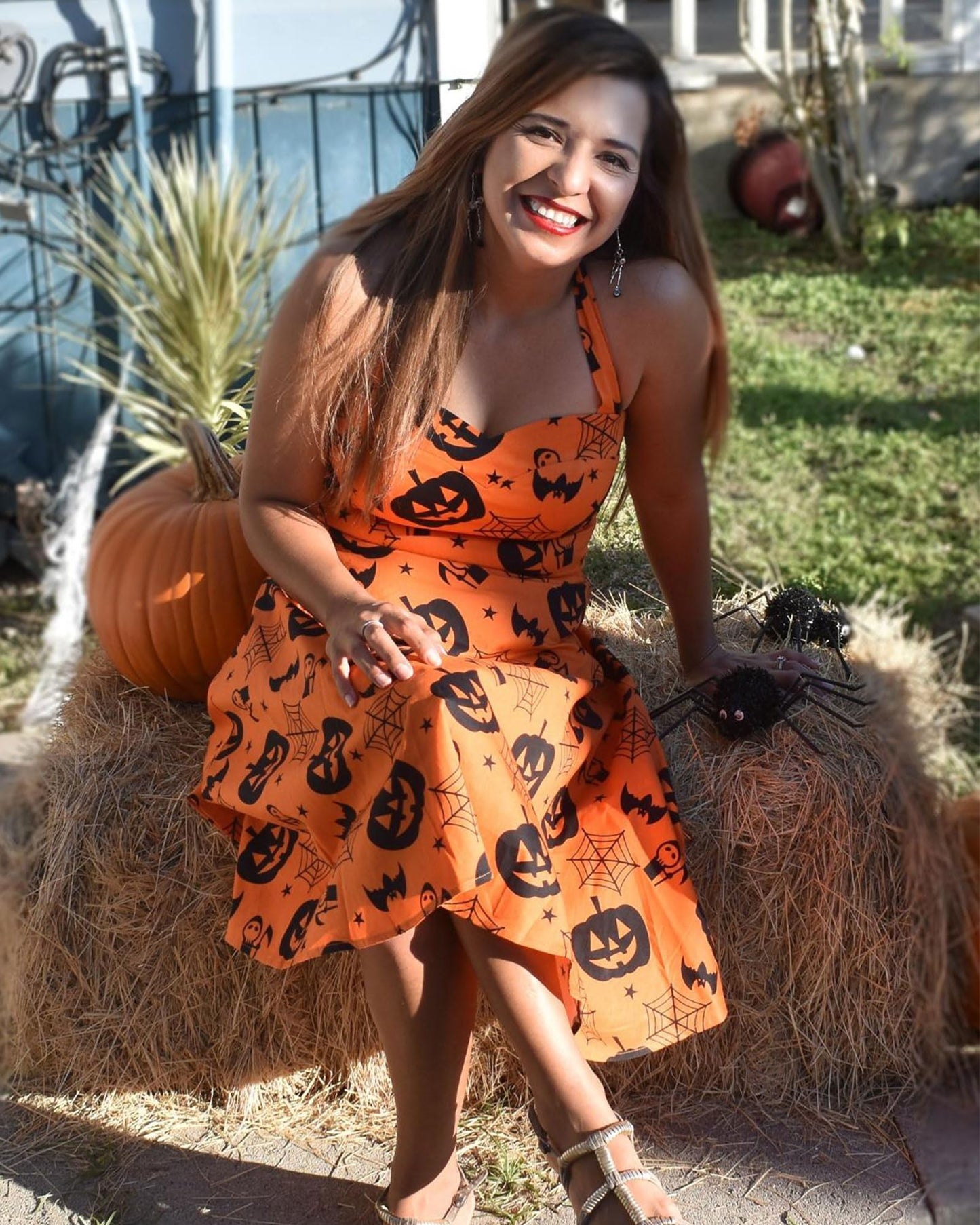 Topdress Women's Vintage Polka Audrey Dress 1950s Halter Retro Cocktail Dress Pumpkin M