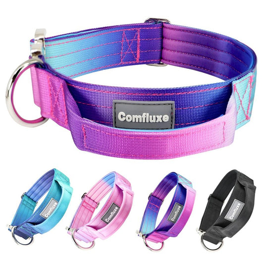 Comfluxe 1.5" Tactical Dog Collar with Handle, Heavy Duty Dog Collar with Metal Buckle for Medium Dogs, Soft Neoprene Padded Lining, Adjustable Gradient Colorful Nylon Collar for Training (Purple, M)