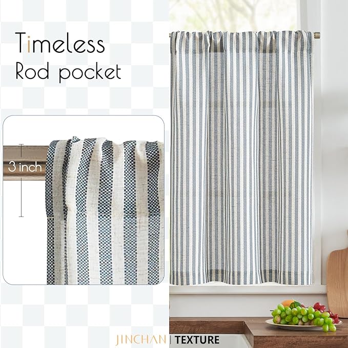jinchan Striped Linen Kitchen Curtains 30 Inches Length Tier Curtains Farmhouse Modern Cafe Style Small Window Treatments Airy Light Filtering Rod Pocket for Living Room Bathroom 2 Panels Blue