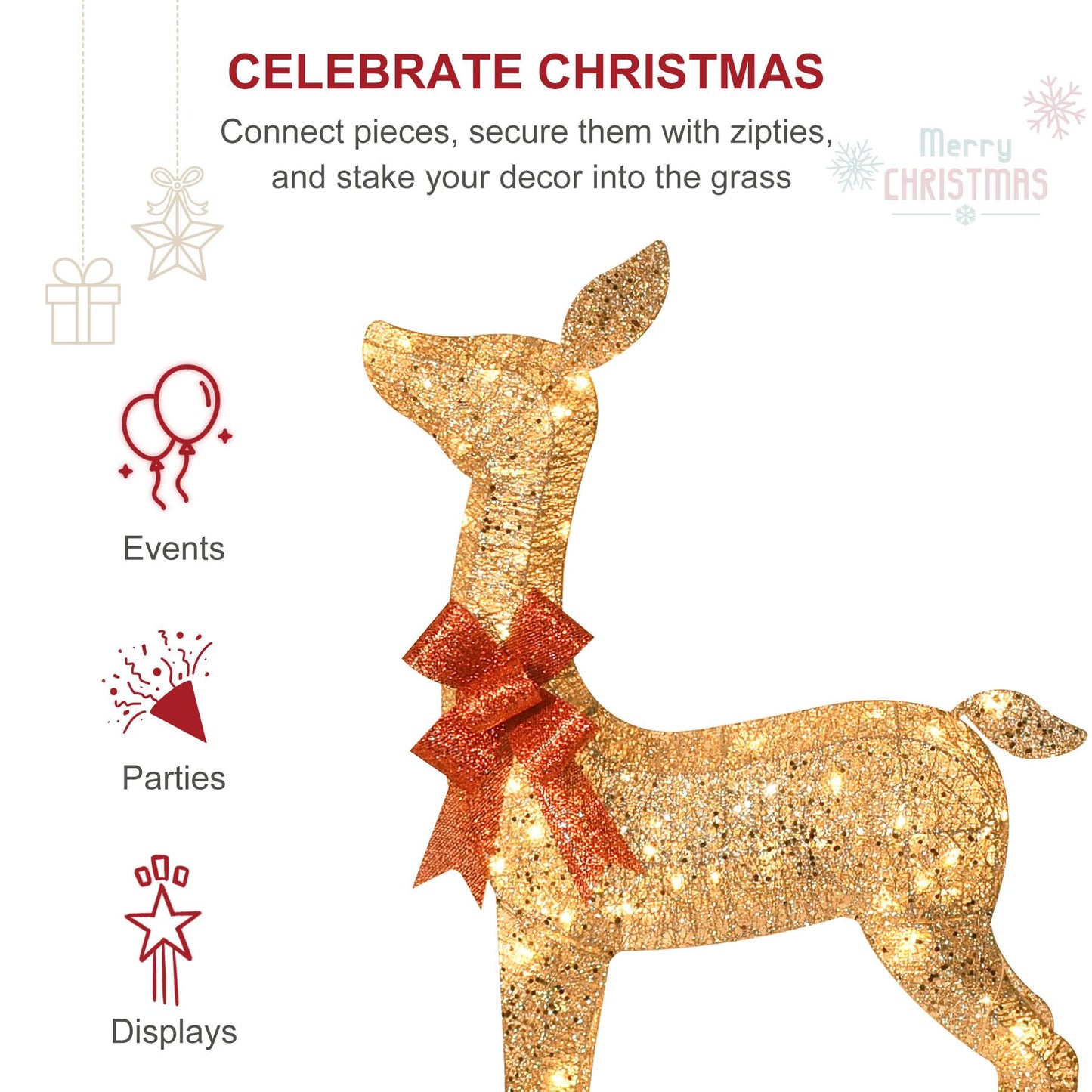 HOYECHI 6.5 FT Oversized Christmas Decorations Outdoor Lighted Reindeer – 3-Piece 3D Deer Family Set with 340 Warm White LED Lights for Yard, Lawn, Garden & Porch Holiday Display - Gold