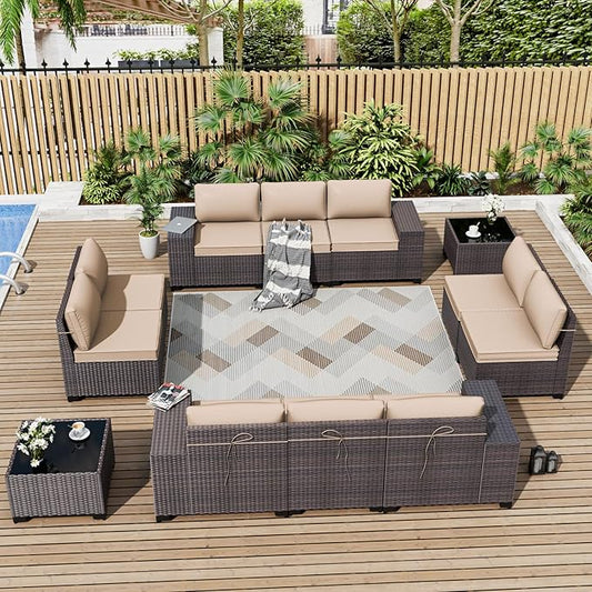 ALAULM 12 Pieces Outdoor Patio Furniture Set Sectional Sofa Sets Brown PE Rattan Patio Conversation Set w/10 Sand Seat Cushions and 2 Coffee Tables