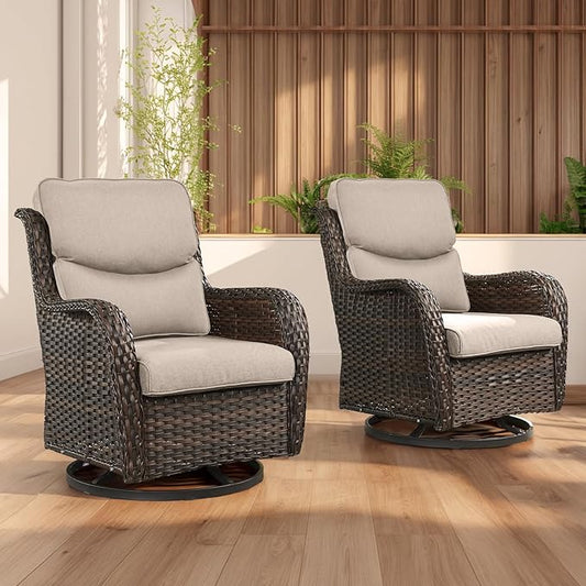 Rilyson Wicker Rocking Chair Swivel Chairs - 2 Piece Rocker Patio Chairs Set Rattan Rocking Chair for Outdoor Porch Deck Garden Backyard (Brown/Beige/Smile)