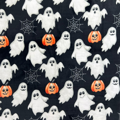 Halloween Throw Blanket: Jack O Lantern Pumpkins White Ghosts and Spiderwebs on Soft Black Velvet Fleece for Sofa, Couch, Chairs and Bed