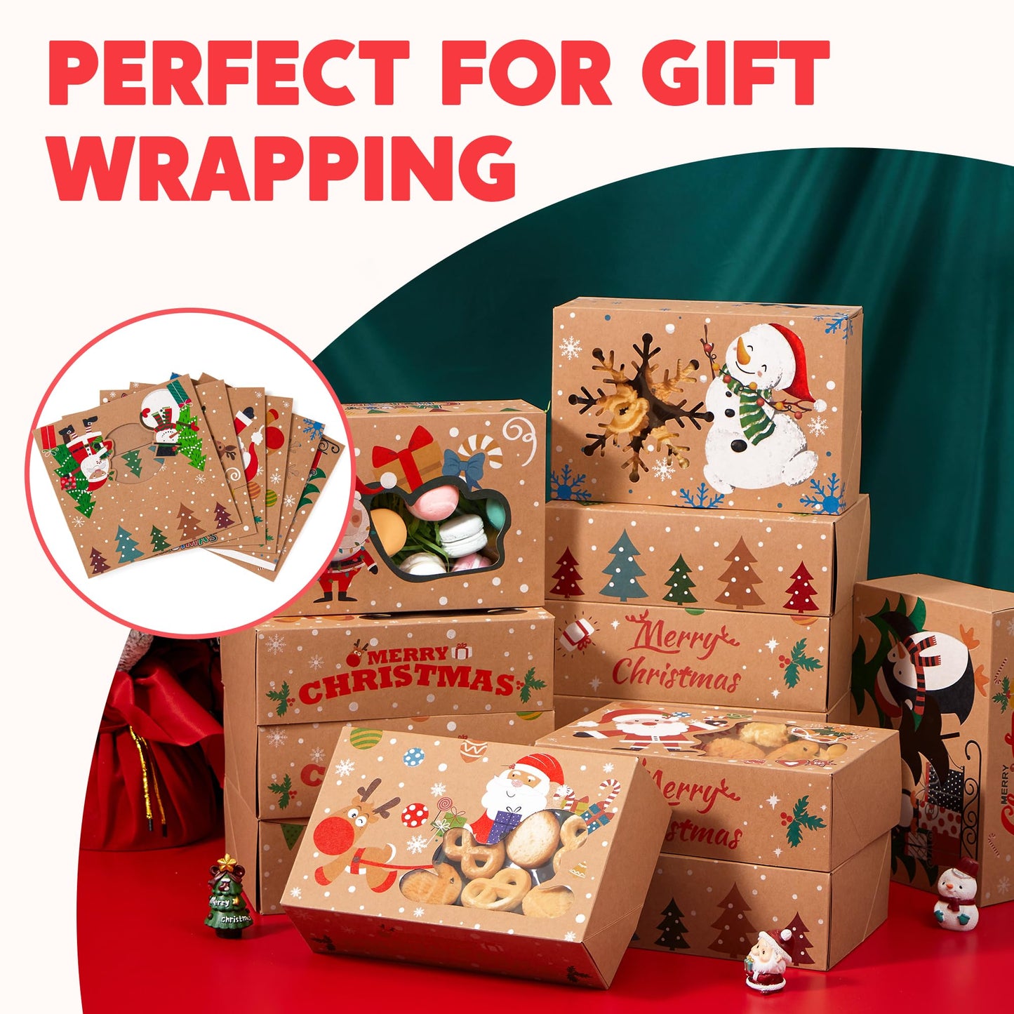 JOYIN 24PCS Christmas Cookie Boxes for Gift Giving, 8.75" x 5.75" x 2.75" Xmas Holiday Bakery Treat Boxes with Window, Kraft Cookie Tin Containers Box for Baked Goods, Cupcake, Pastry, Brownies, Candy