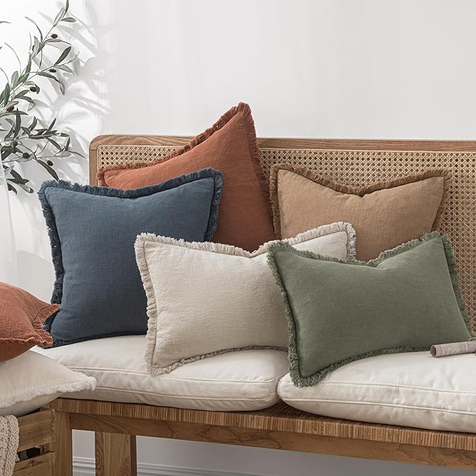MIULEE Christmas Decorative Lumbar Throw Pillow Covers Neutral Linen Fringe Throw Pillows Set of 2 Natural Beige Boho Farmhouse Cushion Covers for Couch Sofa Bed Living Room Home Decor 12x20 Inch