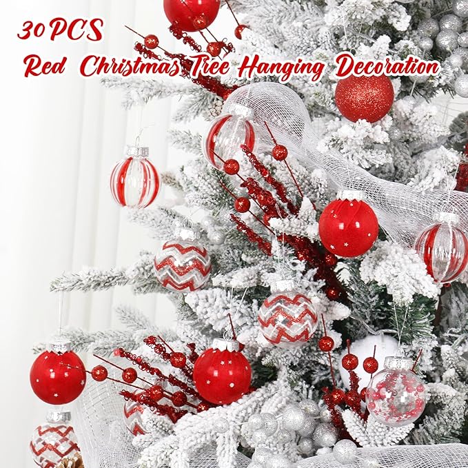 SY Super Bang 30PCS Red Christmas Ornaments Set, 60MM/2.36" Clear Plastic Shatterproof Ball Ornaments for Christmas Tree Hanging Decorations, for Home Holiday Party Xmas Decor.