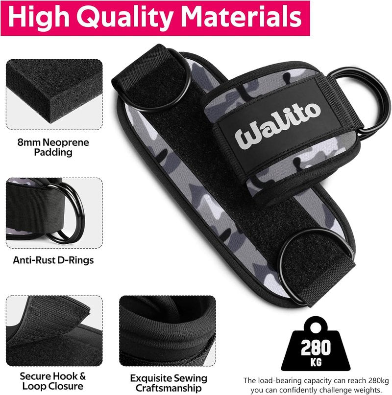 WALITO Gym Ankle Straps - Adjustable Cable Machine Accessories for Glute Kickbacks & Lower Body Workouts | Unisex
