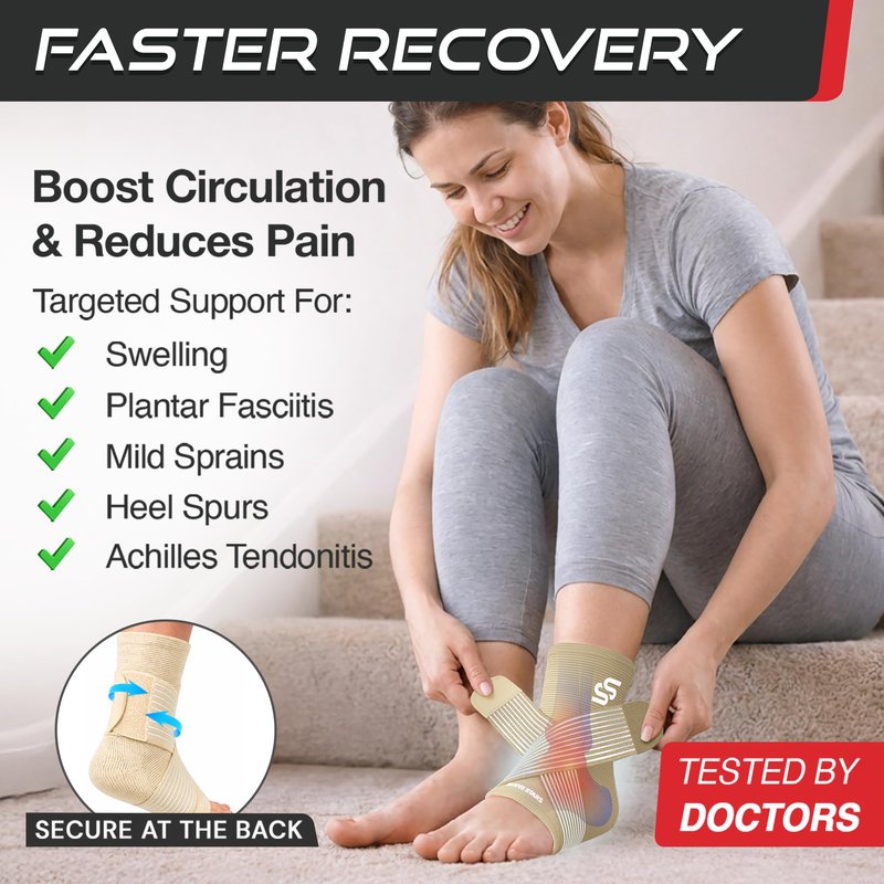 Sleeve Stars Ankle Brace for Women & Men, Ankle Wrap for Sprained Ankle, Compression Sleeve for Plantar Fasciitis Relief, Easy Customizable Support: w/Removable Strap (Single/S:9"-10"/Beige)