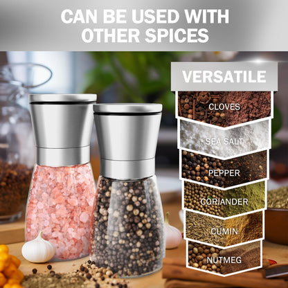 Home EC Original Stainless Steel Sea Salt and Pepper Grinder Set of 2 - Adjustable Ceramic - Glass Salt and Pepper Shakers - Kitchen Pepper Mill & Salt Mill W/Funnel & EBook