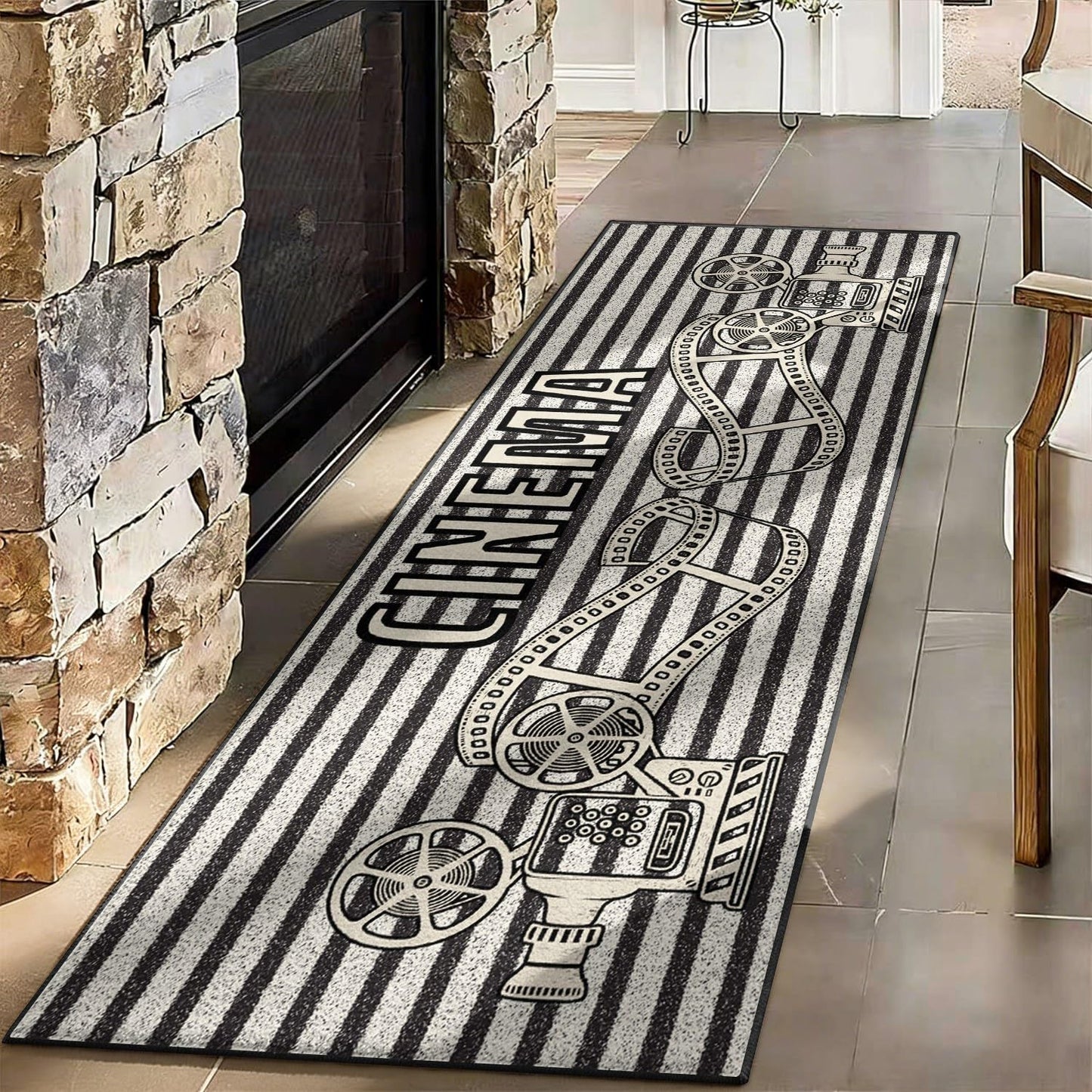 Movie Theme Area Rug, 1.3x7ft, Retro Movie Reel Vertical Black and White Striped Rug Runners for Hallways, Cozy Reduce Noise Film Lover Gift Decor Carpet for Living Room Kitchen
