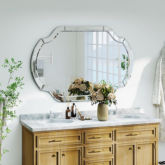 Large Oval Decorative Mirrors, 47" x 32" Living Rroom Mirror with Mirrored Frame, Accent Beveled Mirror for Dining Room Bathroom Bedroom Entryway, Vanity Mirror Hang Horizontally or Vertically