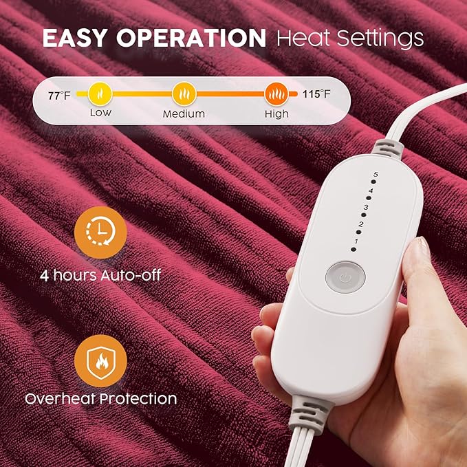 HYLEORY Heated Electric Blanket Twin 62"x84" Soft Fleece & Flannel with 5 Heating Levels & 10 Hours Timer Auto Shutt Off, ETL Certified, Washable，Heated Blanket for Body-Red