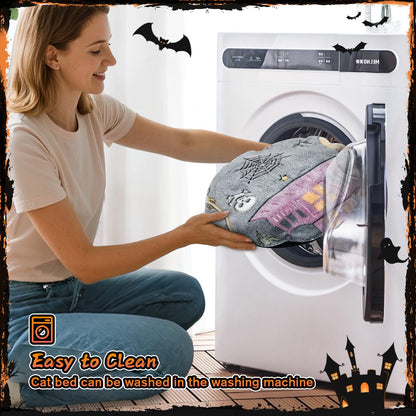 Tidjani Halloween Cat Tunnel Bed, Cat Tunnels for Indoor Cats with Bat Wings, Foldable Pet Donut Bed with Middle Mat and Dangling Balls, Pet Play Toy with Ghost, Spider Web Pattern Decorations