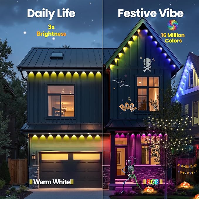 Permanent Outdoor Lights, 50ft RGB+IC Smart LED Lights Outside, IP67 Waterproof Smart Outdoor Decorations with App/Remote Control for Halloween, Christmas, Holiday, Daily, Party