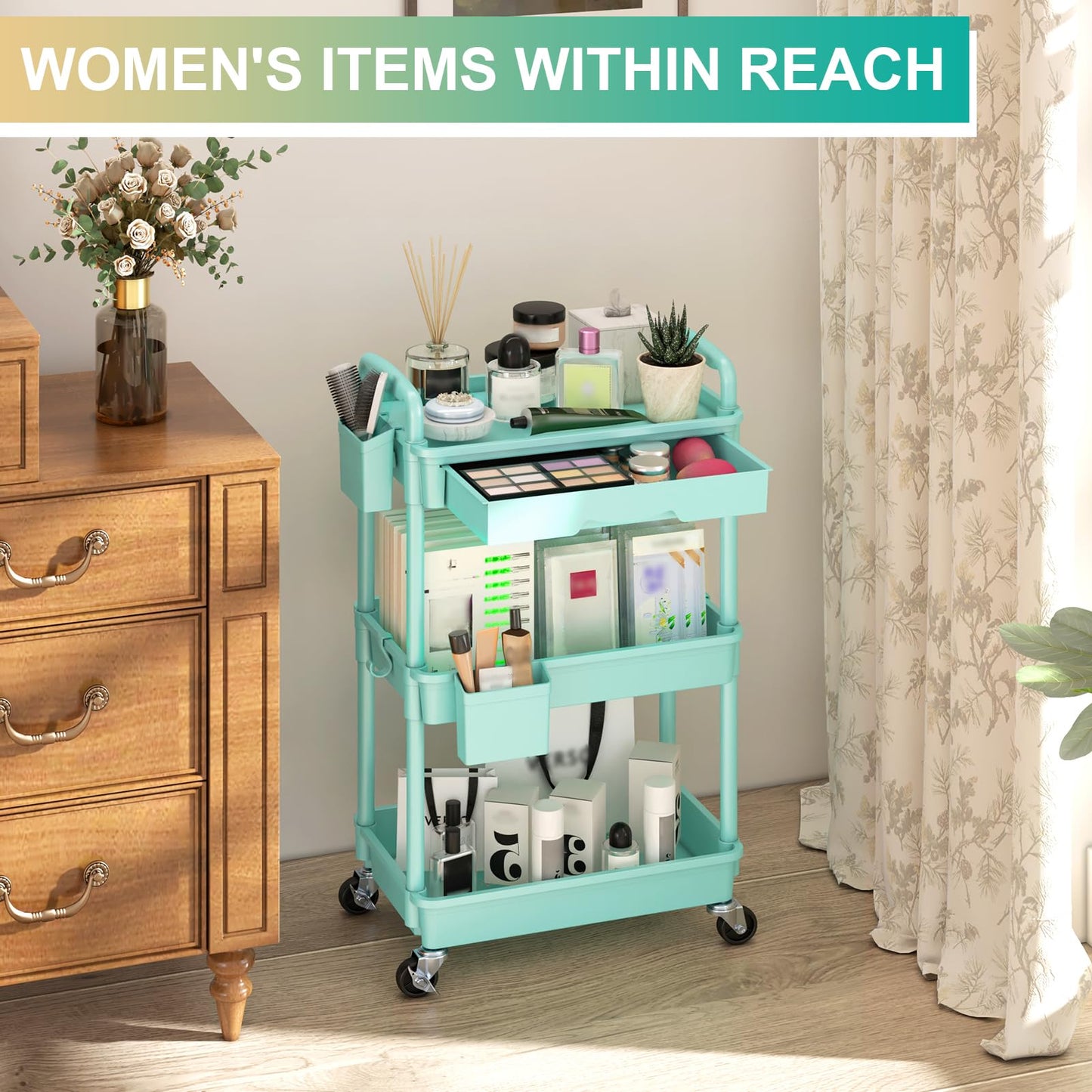 Goovilla 3 Tier Rolling Utility Cart Organizer with Removable Drawer, Stable and Sturdy Black Rolling Storage Carts with 2 Lockable Wheels for Bathroom, Kitchen, Snack, Craft, Makeup, Baby Essentials