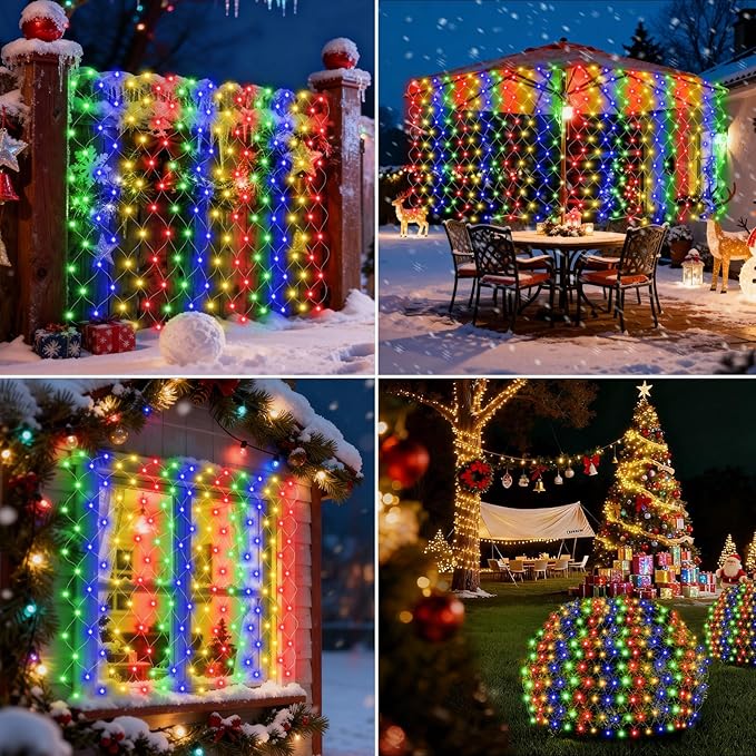 Hezbjiti Pack of 6 Battery Operated Christmas Lights Outdoor Total 600LED 5FT x3.3FT Waterproof Timed Memory Net Mesh Lights for Xmas Trees Bushes Garden Yard Lawn Patio Christmas Decor (Multicolor)