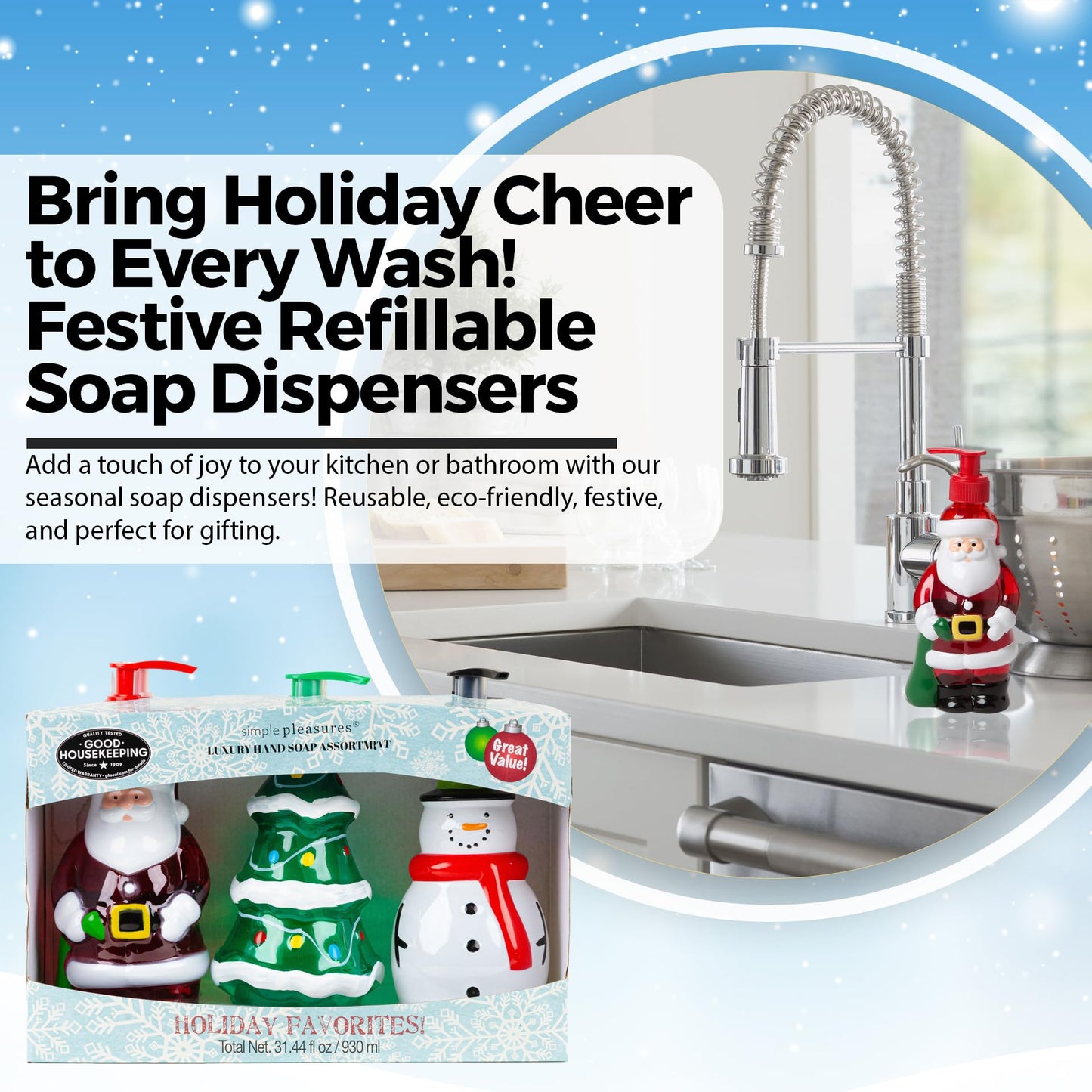 Simple Pleasures Snowman, Santa & Christmas Tree 3 Pack Holiday Soap Dispensers with Scented Liquid Soap: Decorative Hand Pump Refillable Christmas Soap Dispenser for Kitchen and Bathroom Sinks