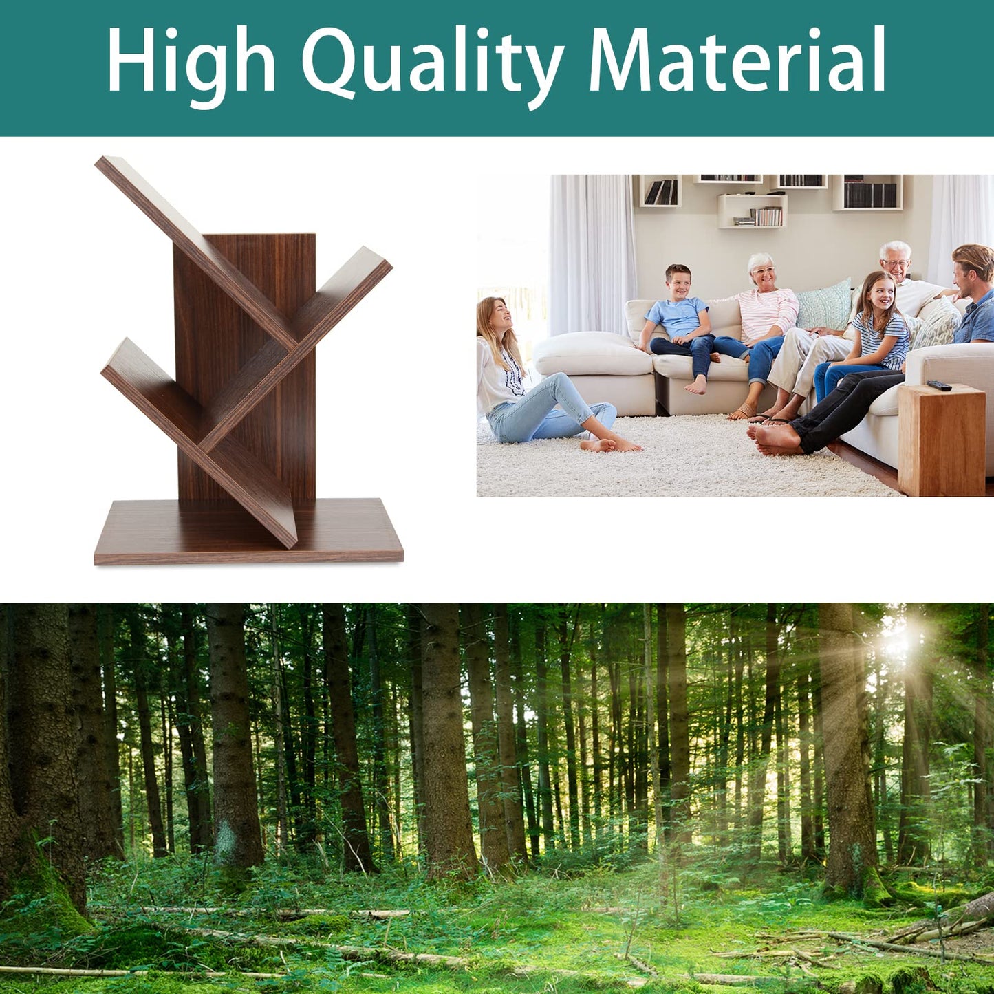 ZRWD Tree Bookshelf, 3-Tier Small Book Storage Organizer Shelves Floor Standing Bookcase, Wood Storage Rack for Office Home School Shelf Display for Cd/Magazine（Dark Walnut ）