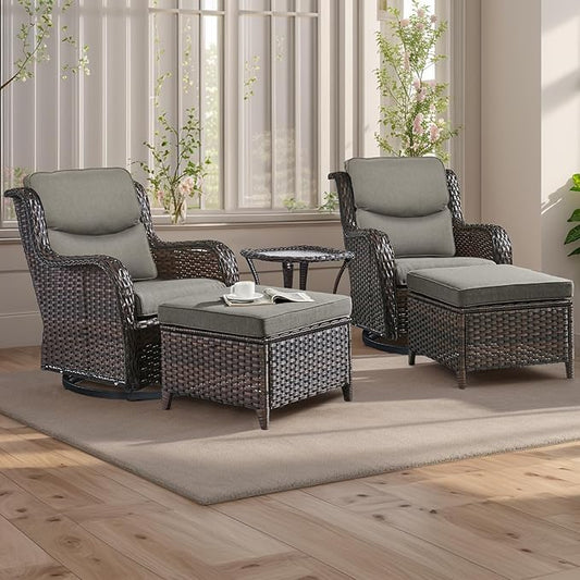 Rilyson Wicker Patio Furniture Set - 5 Piece Rattan Outdoor Sectional Conversation Sets with 2 Swivel Rocking Chairs,2 Ottomans and 1 Side Table for Porch Deck Garden(Brown/Grey/Smile)