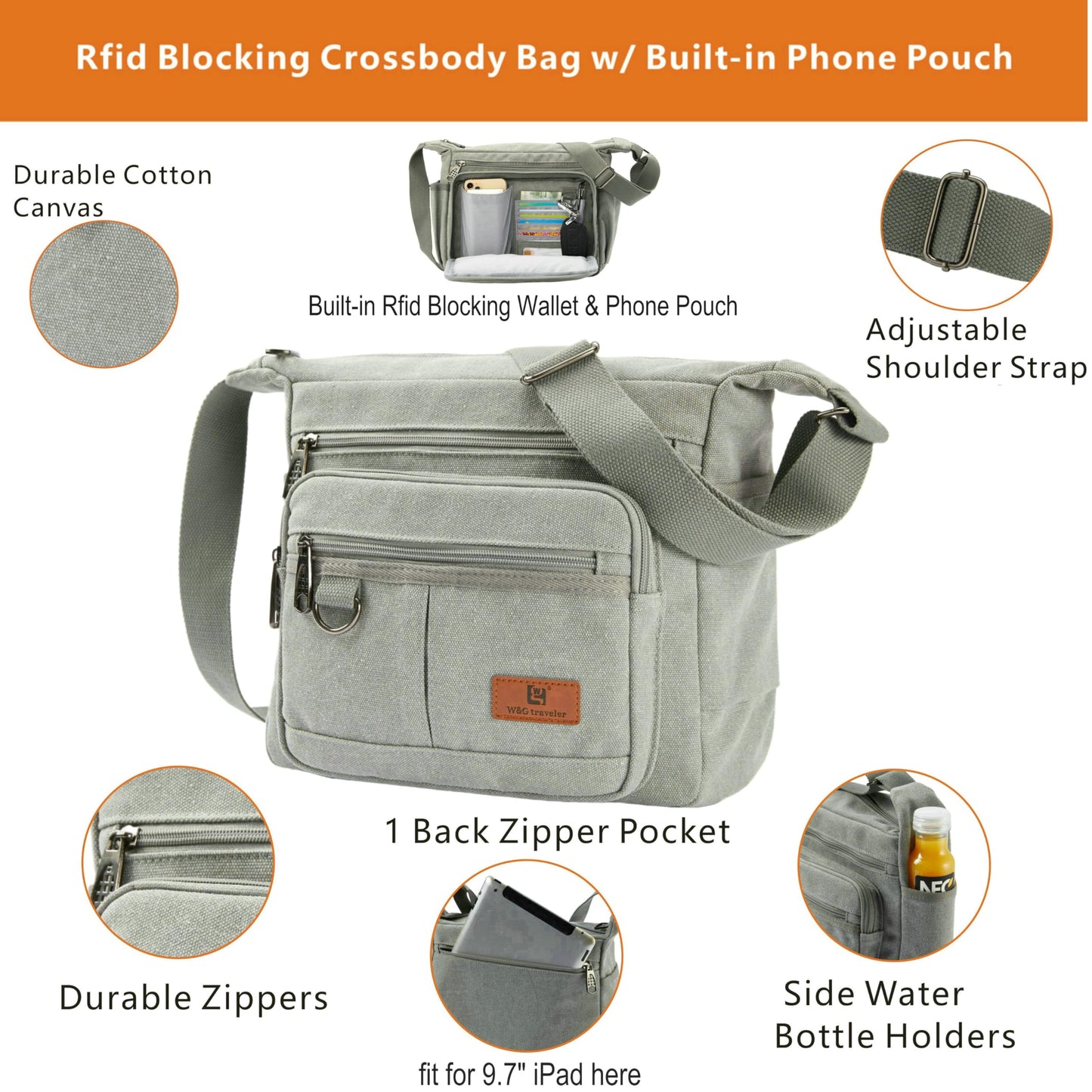 Anti-theft Crossbody Bag, Rfid Messenger Bag with Water Bottle Holders, 13 inch Shoulder Laptop Bag W/Built-in Wallet for Work, Travel, Tool, Commute, Camera, Grey