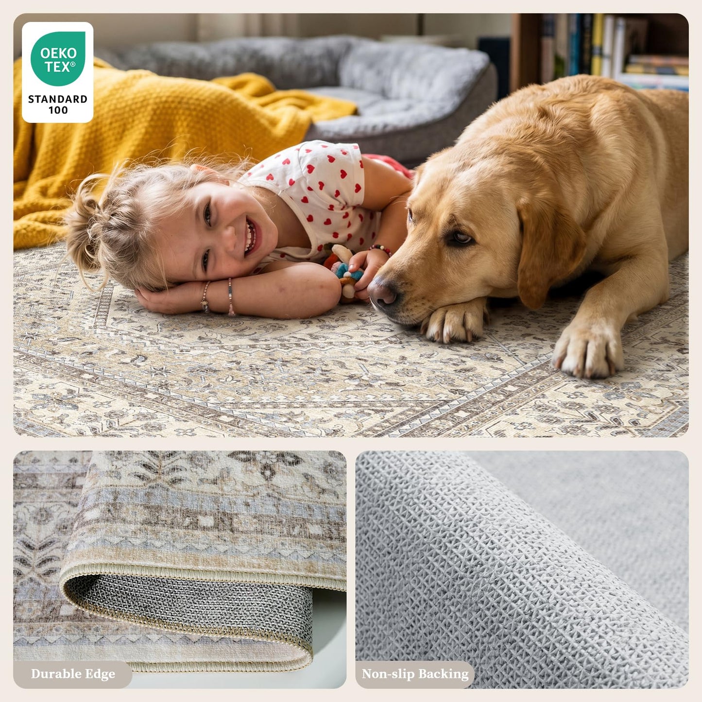 Washable 7x9 Area Rugs for Living Room: Soft Bedroom Rug Non Slip Rugs with Rubber Backing Ultra Thin Low Pile Carpet for Dinging Room Home Office Decor Beige/Gray