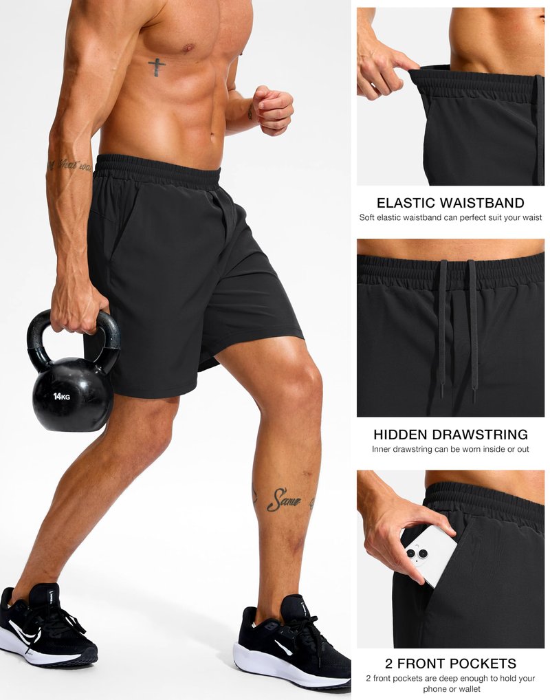 Soothfeel Men's Athletic Workout Shorts with Zipper Pocket 5"/7" Running Gym Shorts for Men Lightweight Quick Dry Tennis (Black, 7, L)