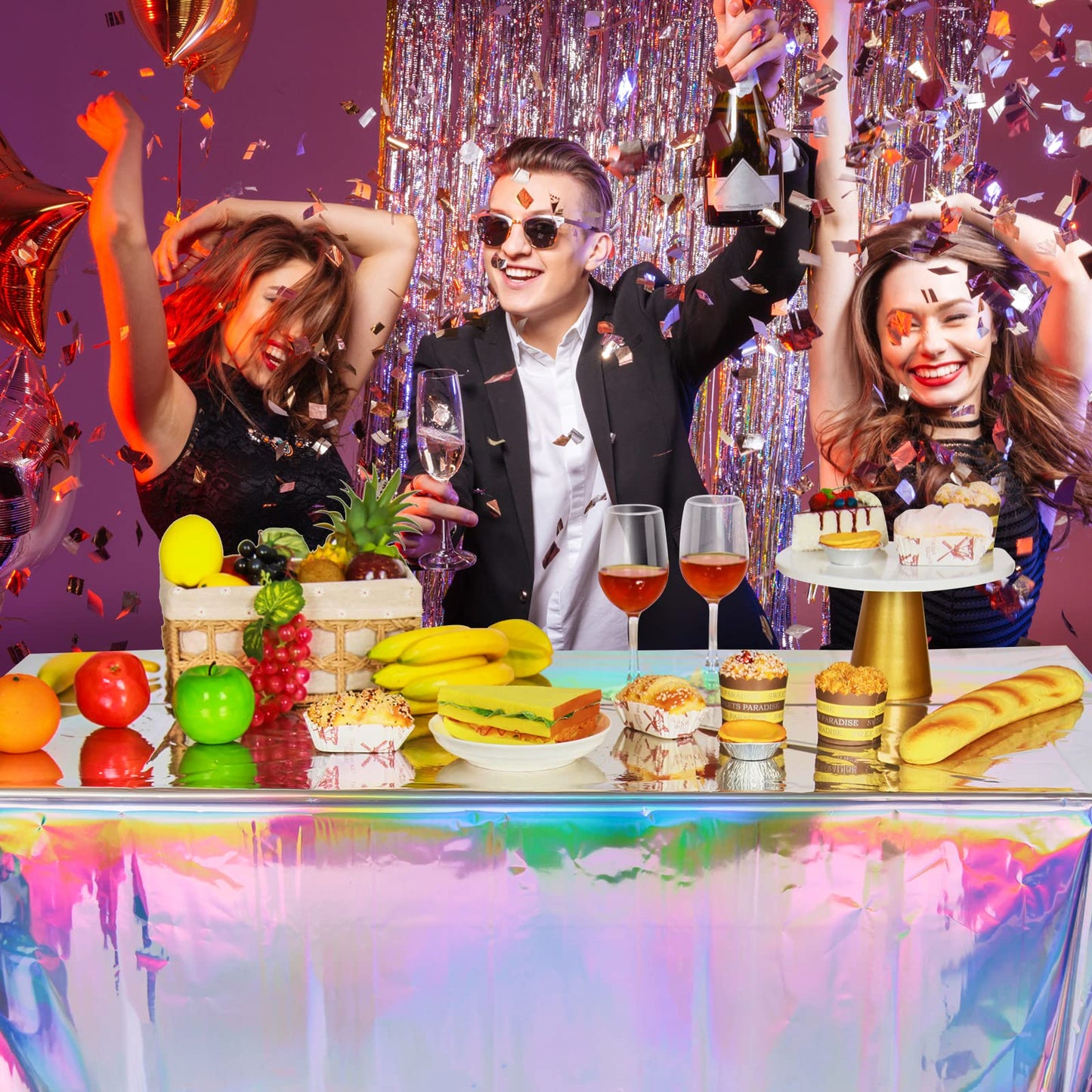 FunnyPars 4 Pack Iridescent Plastic Tablecloths Shiny Disposable Laser Rectangle Table Covers Holographic Foil Tablecloth Iridescent Party Decoration