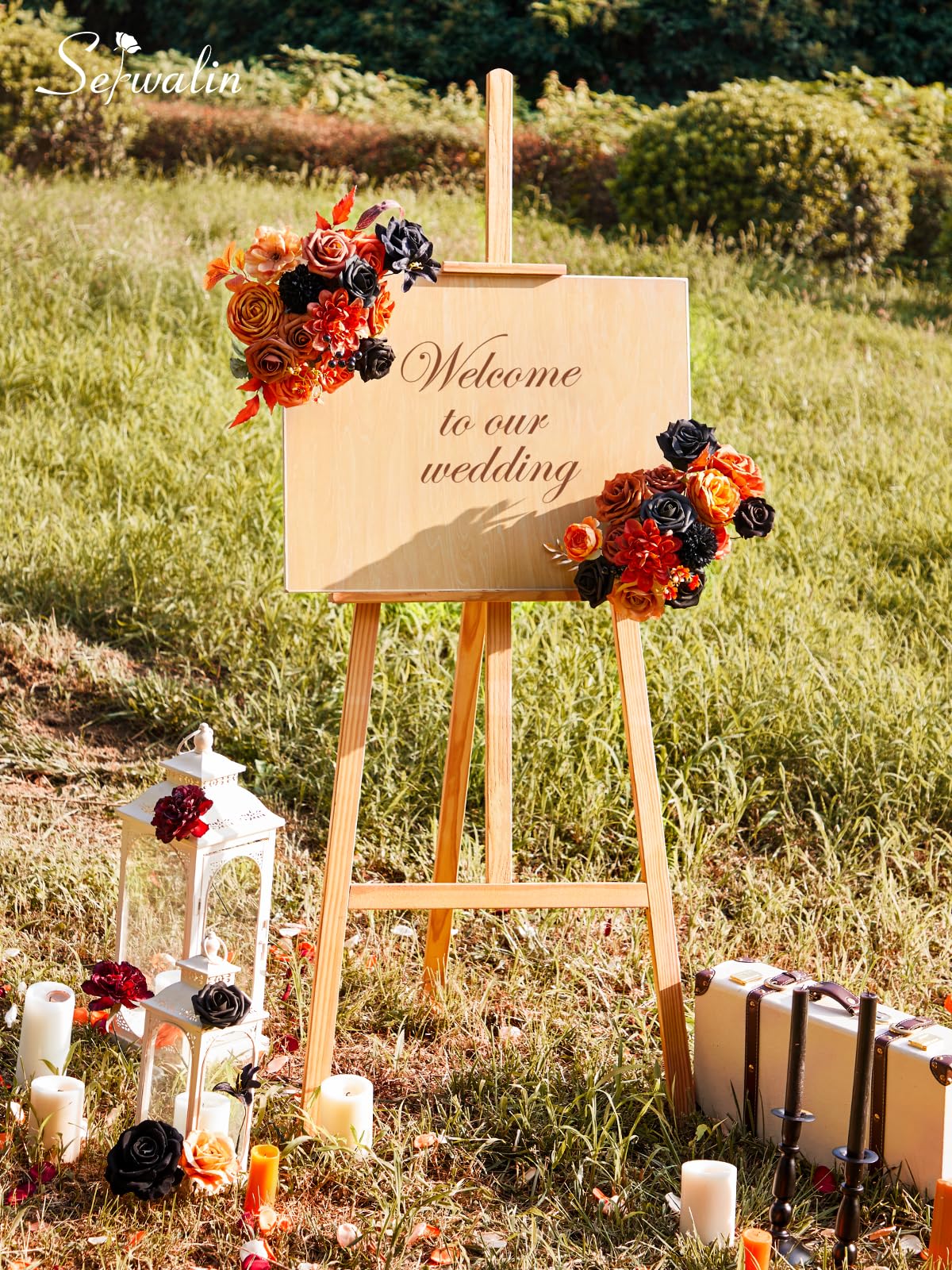Serwalin Fall Flowers Combo - Black & Orange Artificial Wedding & Halloween Flowers for DIY Bridal Bouquets, Centerpieces & Home Decoration