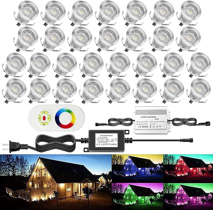 30Pcs LED Deck Light Kit 0.1W-0.3W Low Voltage RGB Outdoor Lighting 6Lm IP67 Waterproof Outdoor Black Border Step Stairs Garden Yard Patio Landscape Decor Lighting(RGB,30pcs)