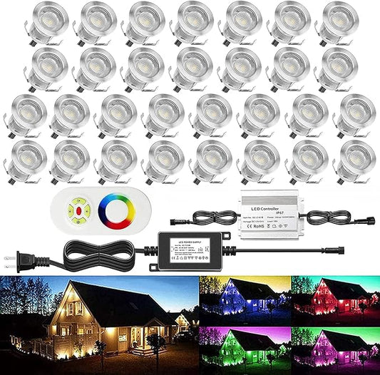 30Pcs LED Deck Light Kit 0.1W-0.3W Low Voltage RGB Outdoor Lighting 6Lm IP67 Waterproof Outdoor Black Border Step Stairs Garden Yard Patio Landscape Decor Lighting(RGB,30pcs)