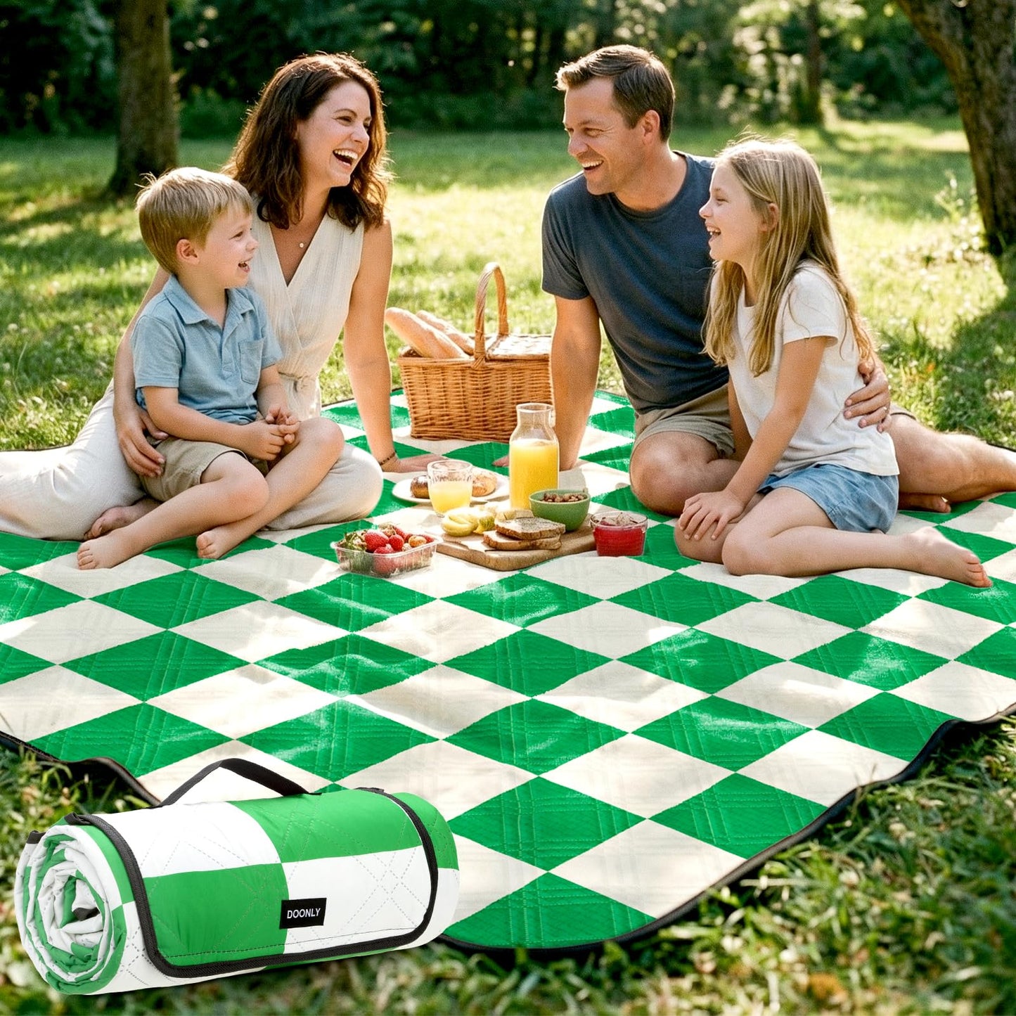Doonly Picnic Blanket, Large Waterproof Sandproof Beach Blanket, Foldable Outdoor Blanket Gingham Picnic Mat for Beach, Camping, Park, Grass, Lawn, Travel (Green)