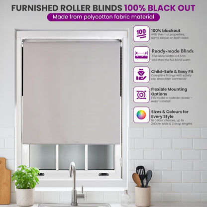 FURNISHED Roller Blinds Thermal Blackout Roller Blind - Trimmable Insulated UV Protection Child Safe Easy Fit Home Office Window Blinds, Dark Grey, 60W x 165H cm