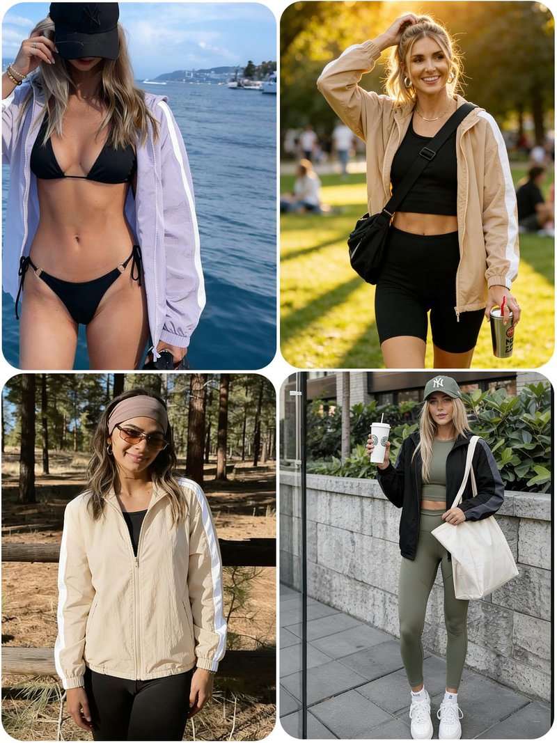 Yousify Womens Casual Lightweight Jackets Color Block Oversized Hooded Jacket Windbreaker Zip Up Coat with Pockets