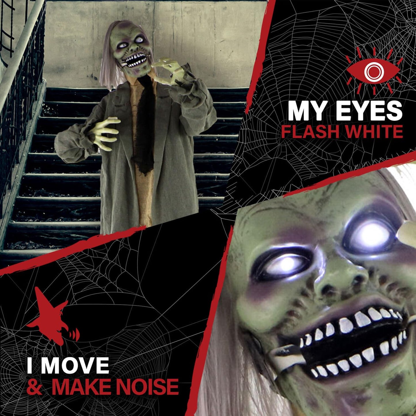 Haunted Hill Farm Life-Size Scary Talking Zombie Halloween Animatronic with Touch Activated Lights and Sound, Battery Operated Indoor or Covered Outdoor Halloween Decorations, Creepy Halloween Props