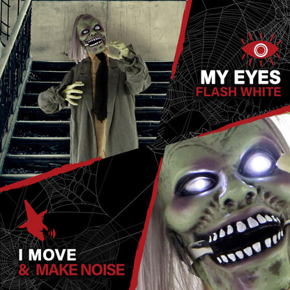 Haunted Hill Farm Life-Size Scary Talking Zombie Halloween Animatronic with Touch Activated Lights and Sound, Battery Operated Indoor or Covered Outdoor Halloween Decorations, Creepy Halloween Props