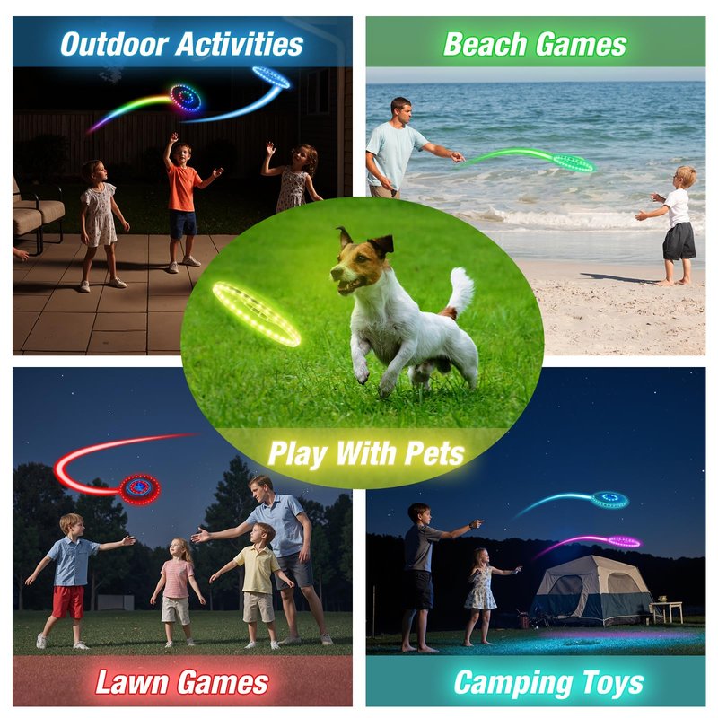 HYES 2 Pack Light up Flying Discs for Kids, Rechargeable Disc with 45 LEDs, 14 Lighting Modes(10")&Built-in Battery Disc(7.8"), Glow in The Dark Ring for Beach/Camping/Outdoor Sport