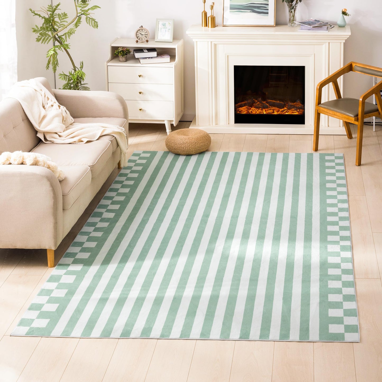 Carvapet 8x10 Area Rug - Green Striped Modern Large Carpet Low Pile, Non Slip Rubber Backing Easy Clean Foldable Big Thin Floor Mat for Living Room Bedroom